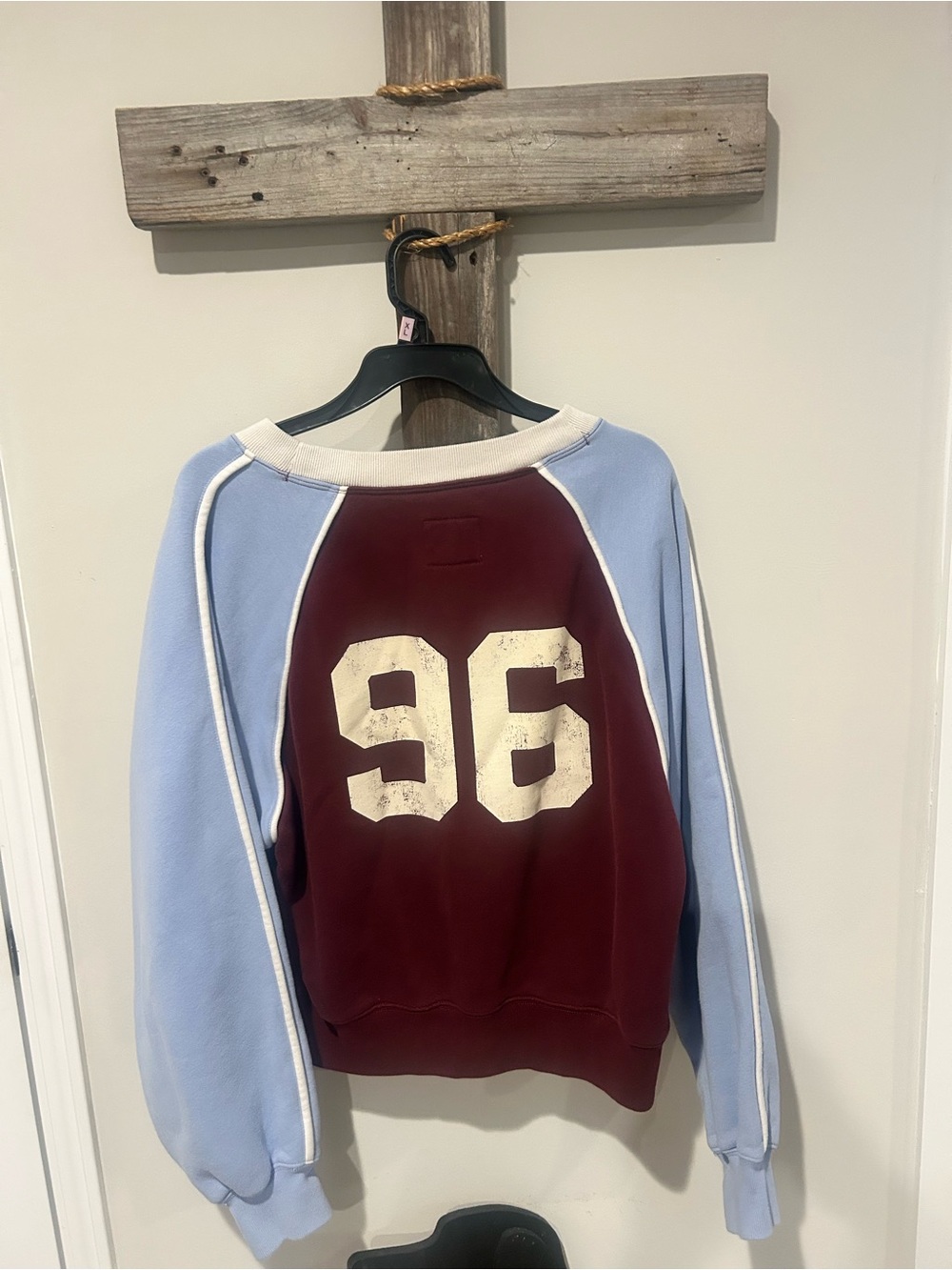 Abercrombie & Fitch Two-Tone Raglan Pullover Sweatshirt - Maroon & Light Blue - Picture 2 of 3